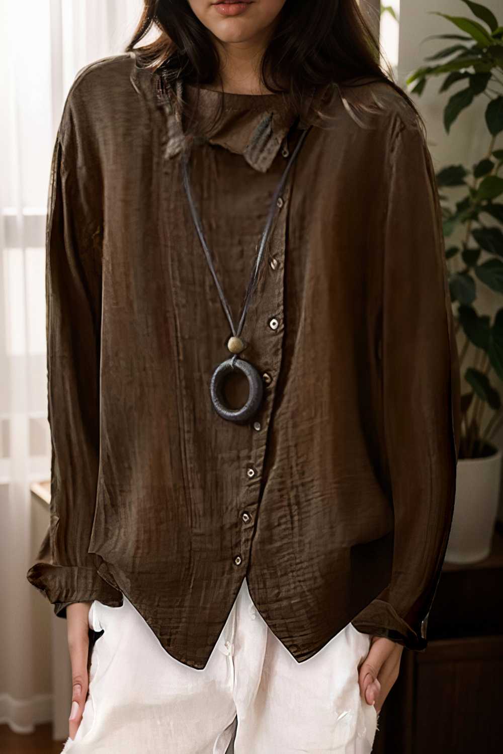 loose solid buttons long sleeves blouses 111995