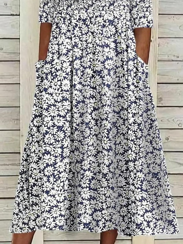 Women's Casual Dress Floral Dress Summer Dress Floral Ruched Pocket Crew Neck Midi Dress Fashion Modern Outdoor Daily Half Sleeve Regular Fit White Blue Green Summer Spring S M L XL XXL - LuckyFash™