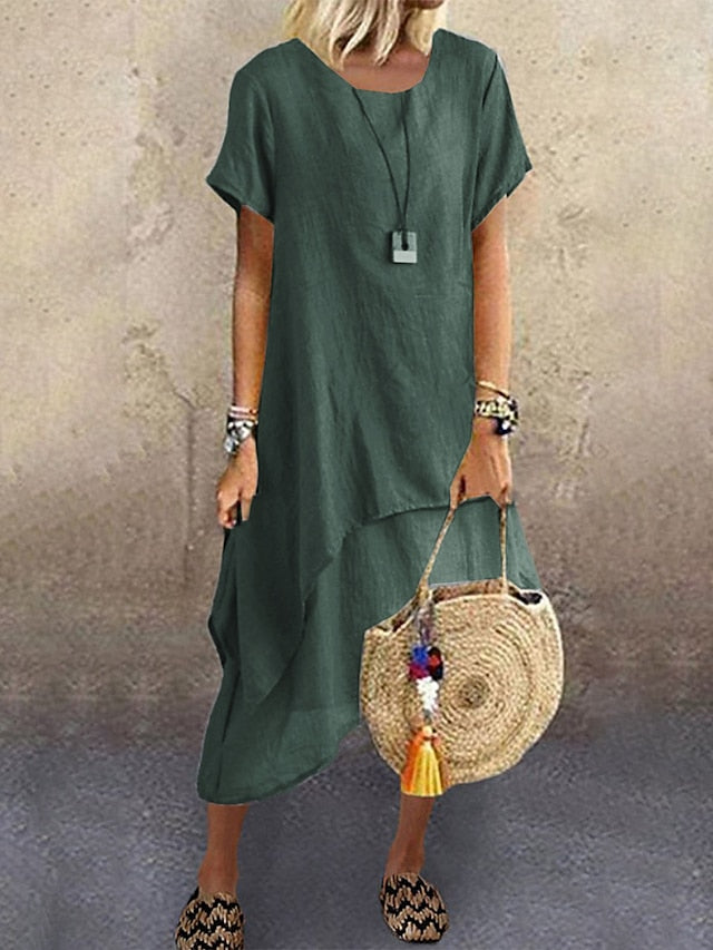 Women's Casual Dress Cotton Linen Dress A Line Dress Midi Dress Cotton Blend Basic Modern Outdoor Daily Crew Neck Ruffle Layered Short Sleeve Summer Spring 2023 Loose Fit Blue Green Gray Plain S M L - LuckyFash™