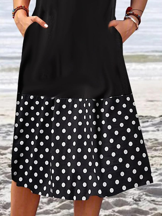Women's Casual Dress Summer Dress Print Dress Graphic Polka Dot Print Crew Neck Midi Dress Fashion Modern Daily Holiday Short Sleeve Regular Fit Black Yellow Cream Summer Spring S M L XL XXL - LuckyFash™