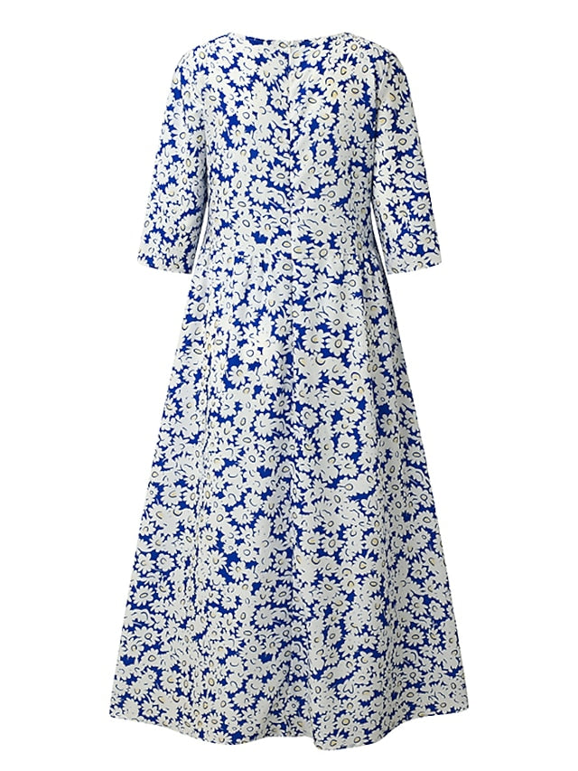 Women's Casual Dress Floral Dress Summer Dress Floral Ruched Pocket Crew Neck Midi Dress Fashion Modern Outdoor Daily Half Sleeve Regular Fit White Blue Green Summer Spring S M L XL XXL - LuckyFash™