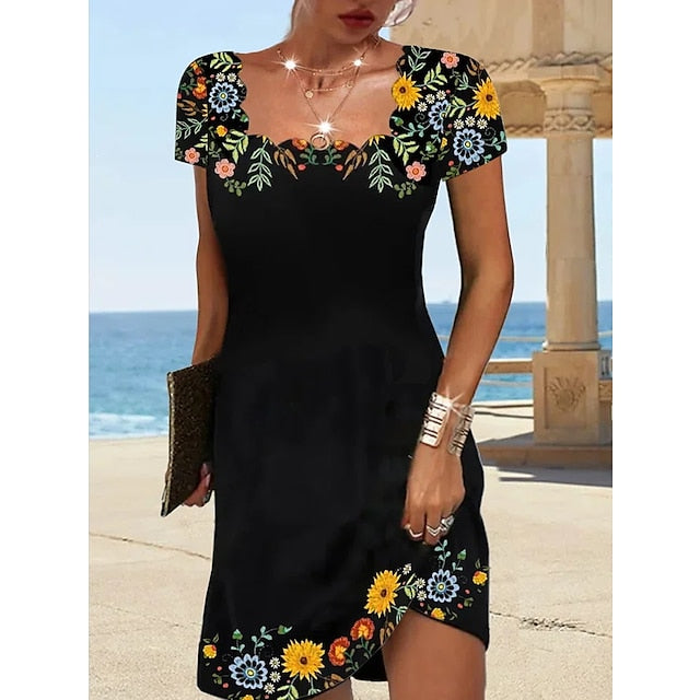 Women's Casual Dress Shift Dress Floral Ruched Print Square Neck Mini Dress Daily Vacation Short Sleeve Summer Spring