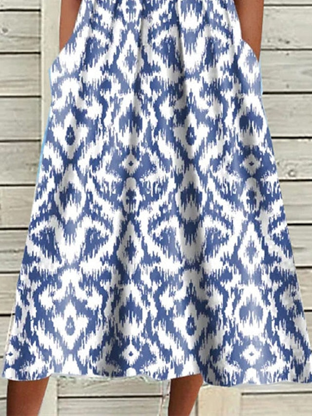Women's Casual Dress Shift Dress Midi Dress Blue Short Sleeve Geometric Pocket Spring Summer V Neck Basic Daily Vacation Summer Dress 2023 S M L XL XXL 3XL - LuckyFash™