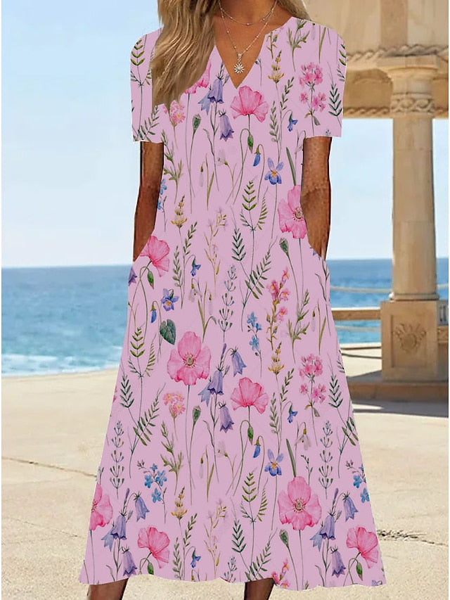 Women's Casual Dress T Shirt Dress Tee Dress Shift Dress Midi Dress White Yellow Pink Short Sleeve Floral Print Summer Spring V Neck Basic Vacation Summer Dress Spring Dress 2023 S M L XL XXL 3XL - LuckyFash™