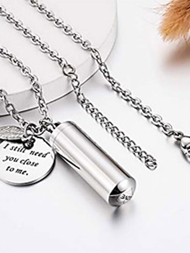 cylinder urn necklace for ashes cremation jewelry/keychain for human pet stainless steel memorial keepsake pendant with angel wing charm ashes jewelry-silver m - LuckyFash™