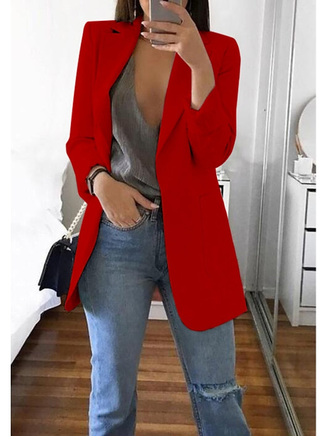 Women's Blazer Casual Pocket Clean Fit Formal Outdoor Daily Wear Polyester Spring Wine Green Black Open Front V Neck Regular Fit S M L XL XXL 3XL / Solid Color - LuckyFash™