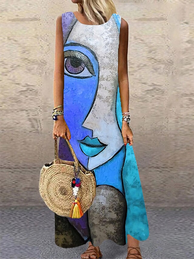 Women's Casual Dress Shift Dress Long Dress Maxi Dress Blue Purple Yellow Sleeveless Color Block Print Spring Summer Crew Neck Modern Daily Vacation Summer Dress Regular Fit 2023 S M L XL XXL 3XL