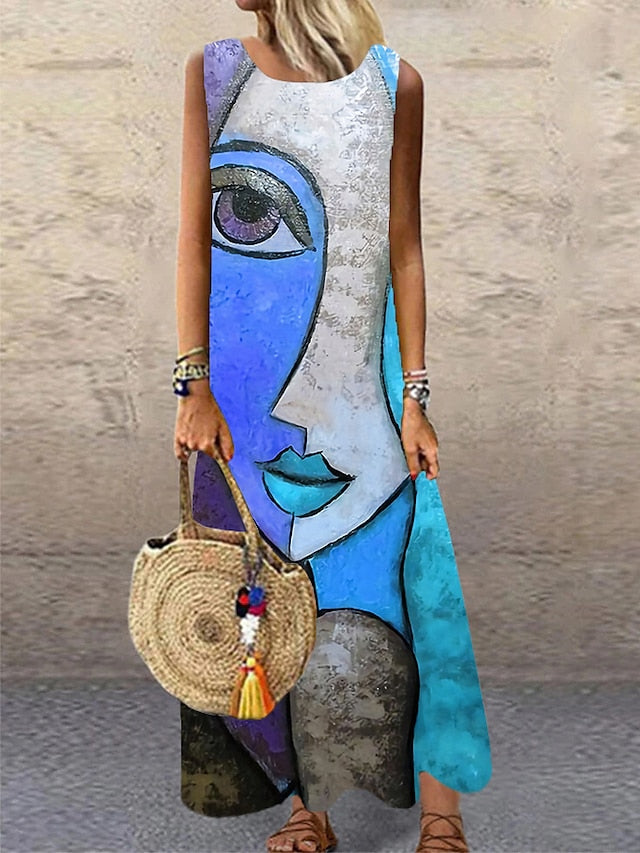 Women's Casual Dress Shift Dress Long Dress Maxi Dress Blue Purple Yellow Sleeveless Color Block Print Spring Summer Crew Neck Modern Daily Vacation Summer Dress Regular Fit 2023 S M L XL XXL 3XL - LuckyFash™