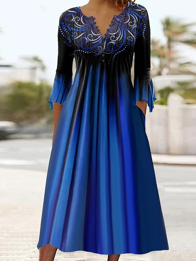 Women's Dress - Casual Dress Summer Dress Print Dress Stripe Ombre Pleated Print V Neck Midi Dress Fashion Classic Outdoor Daily 3/4 Length Sleeve Regular Fit Purple Green Dark Blue Summer Spring S M L XL XXL