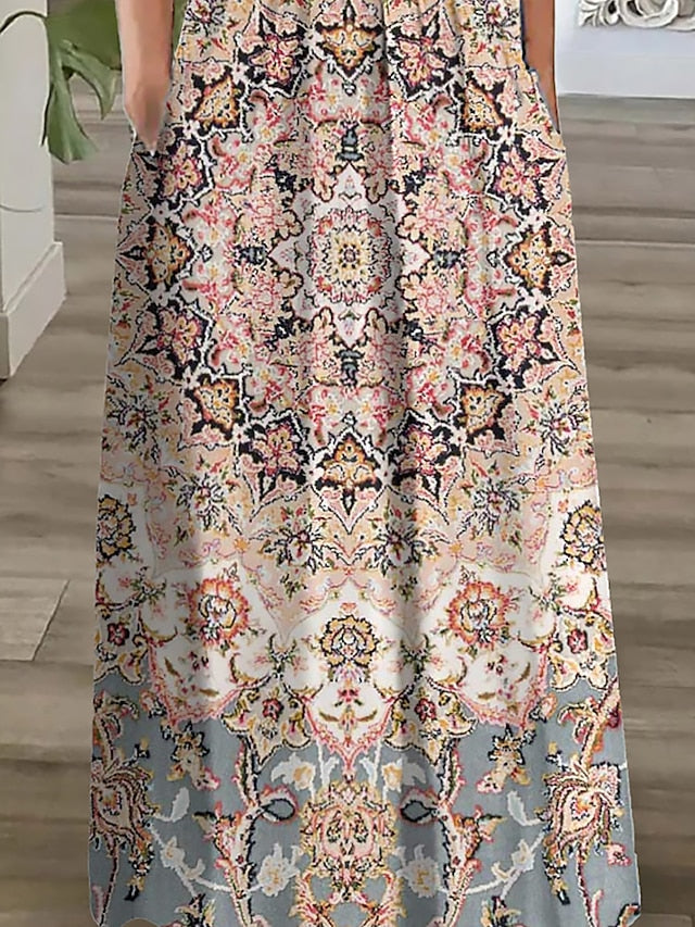 Women's Long Dress Maxi Dress Casual Dress Ethnic Dress A Line Dress Graphic Tribal Romantic Casual Holiday Vacation Weekend Ruched Pocket Short Sleeve Crew Neck Dress Regular Fit Pink Blue Dark Blue - LuckyFash™