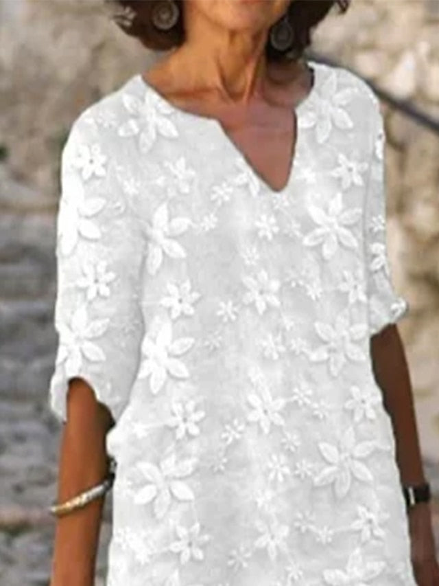 Women's Cotton Linen Dress Casual Dress Shift Dress Midi Dress Cotton Fashion Modern Outdoor Daily Vacation V Neck Print Half Sleeve Summer Spring 2023 Loose Fit White Blue Green Flower S M L XL 2XL - LuckyFash™