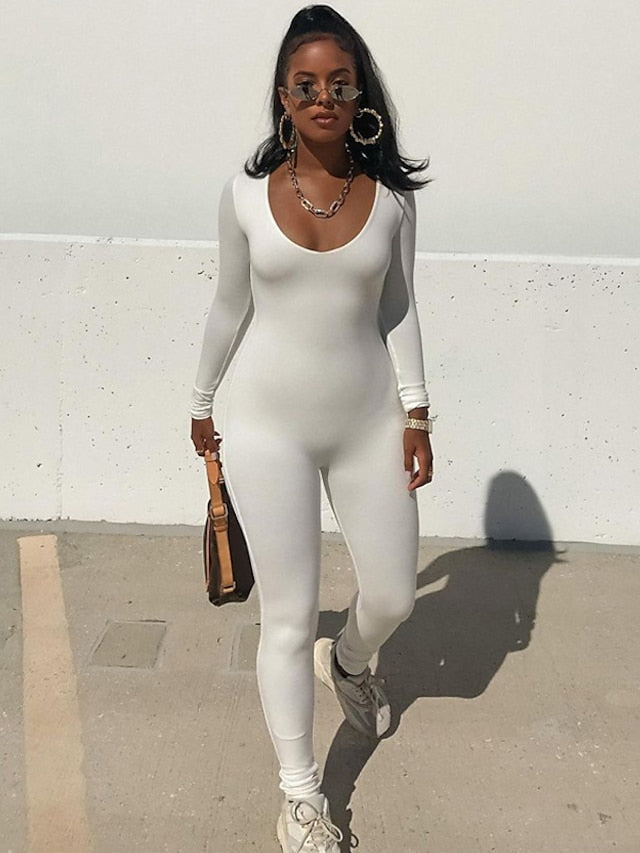 Women's Jumpsuit Onesie Workout Sets Winter Solid Color Bodysuit Black White Spandex Yoga Fitness Gym Workout Tummy Control Butt Lift Breathable Long Sleeve Sport Activewear Stretchy - LuckyFash™