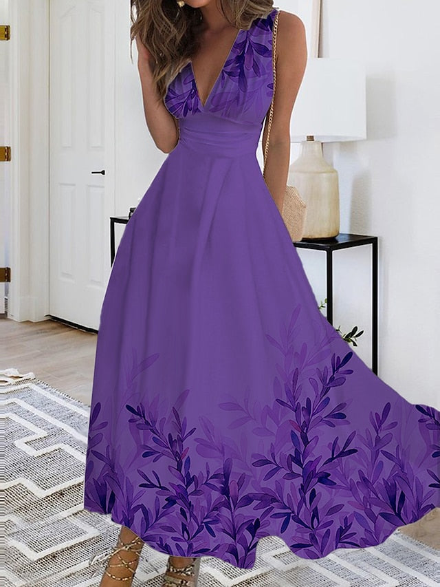 Women's Long Dress Maxi Dress Casual Dress Swing Dress A Line Dress Leaf Fashion Streetwear Outdoor Daily Date Print Sleeveless V Neck Dress Regular Fit Red Blue Purple Summer Spring S M L XL XXL - LuckyFash™