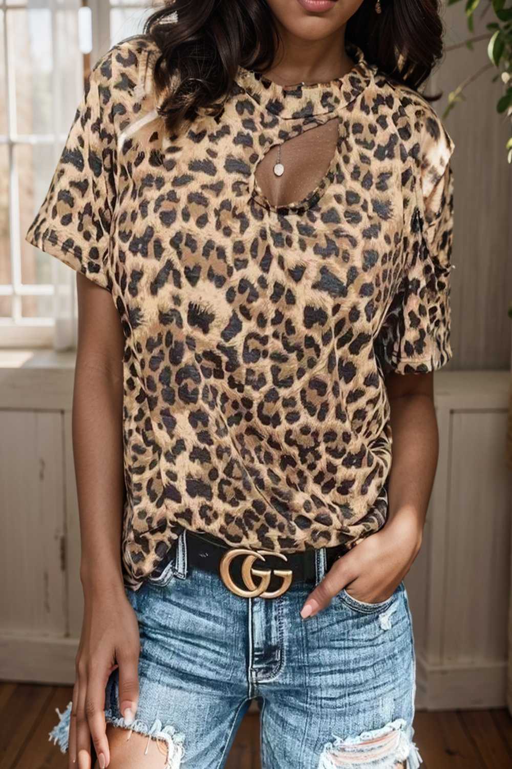 off shoulder leopard print hollow short sleeve t shirt 110821