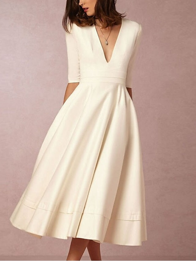 Women's Dress - Wedding Guest Dress A Line Dress Midi Dress Creamy-white Blue Pink Wine Black Red White Half Sleeve Solid Color Ruched Spring Summer V Neck Party Elegant Romantic Slim 2023 S M L XL XXL XXXL