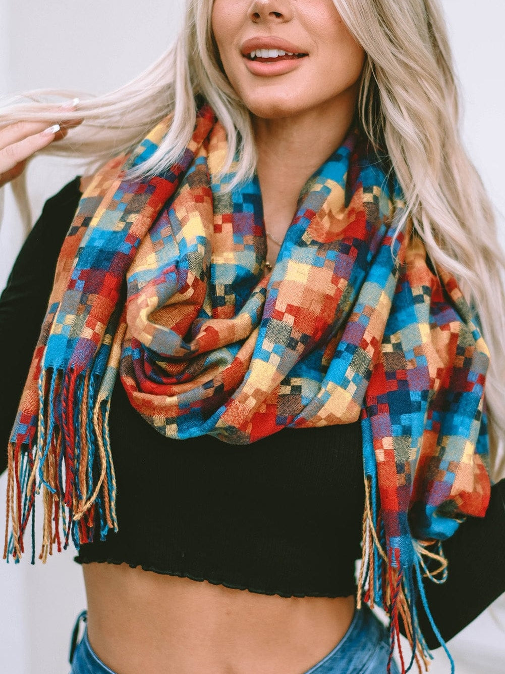 Orange Plaid Print Tasselled Oversized Scarf