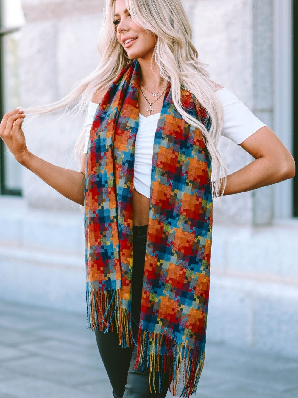 Orange Plaid Print Tasselled Oversized Scarf