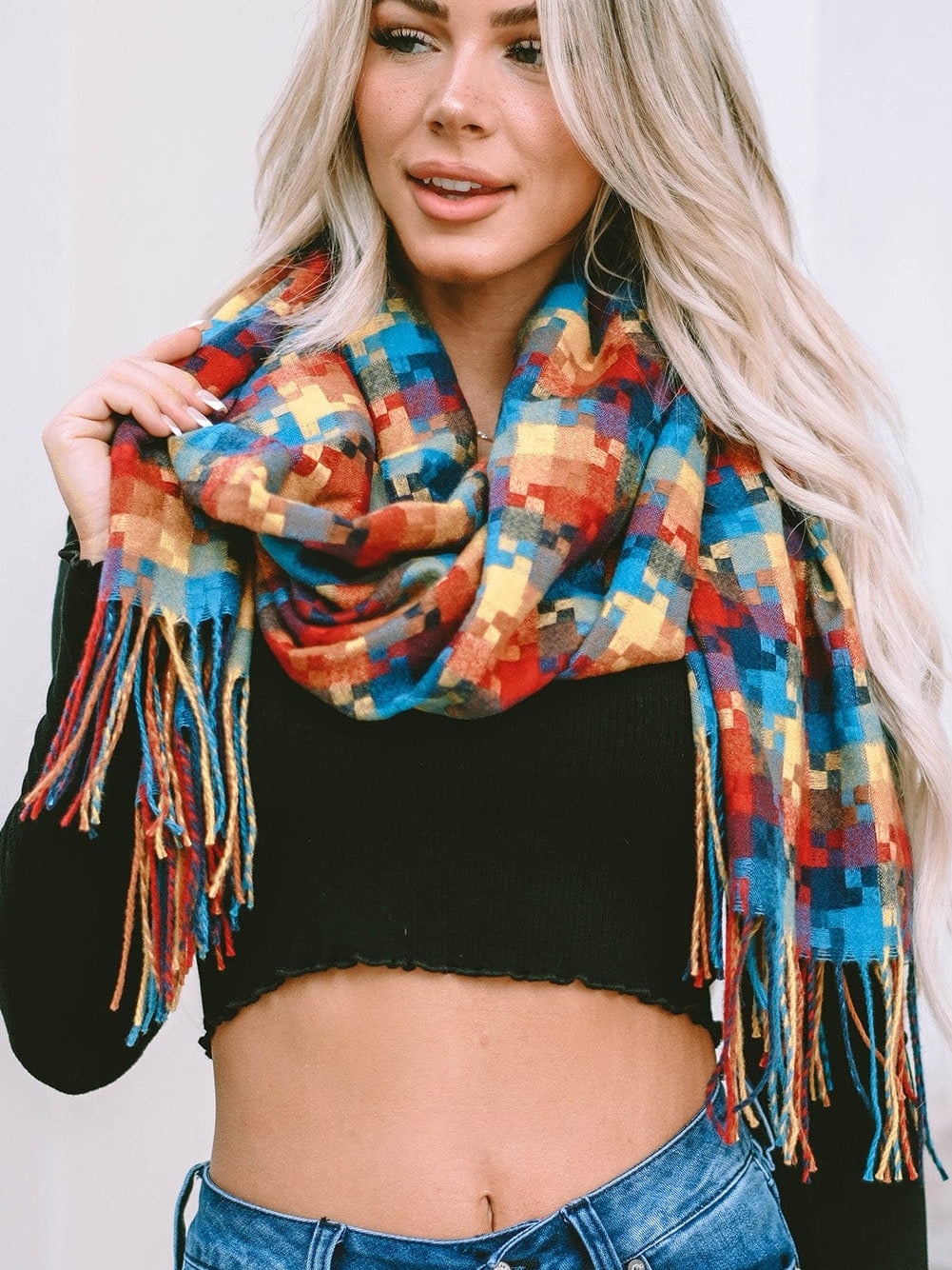 Orange Plaid Print Tasselled Oversized Scarf