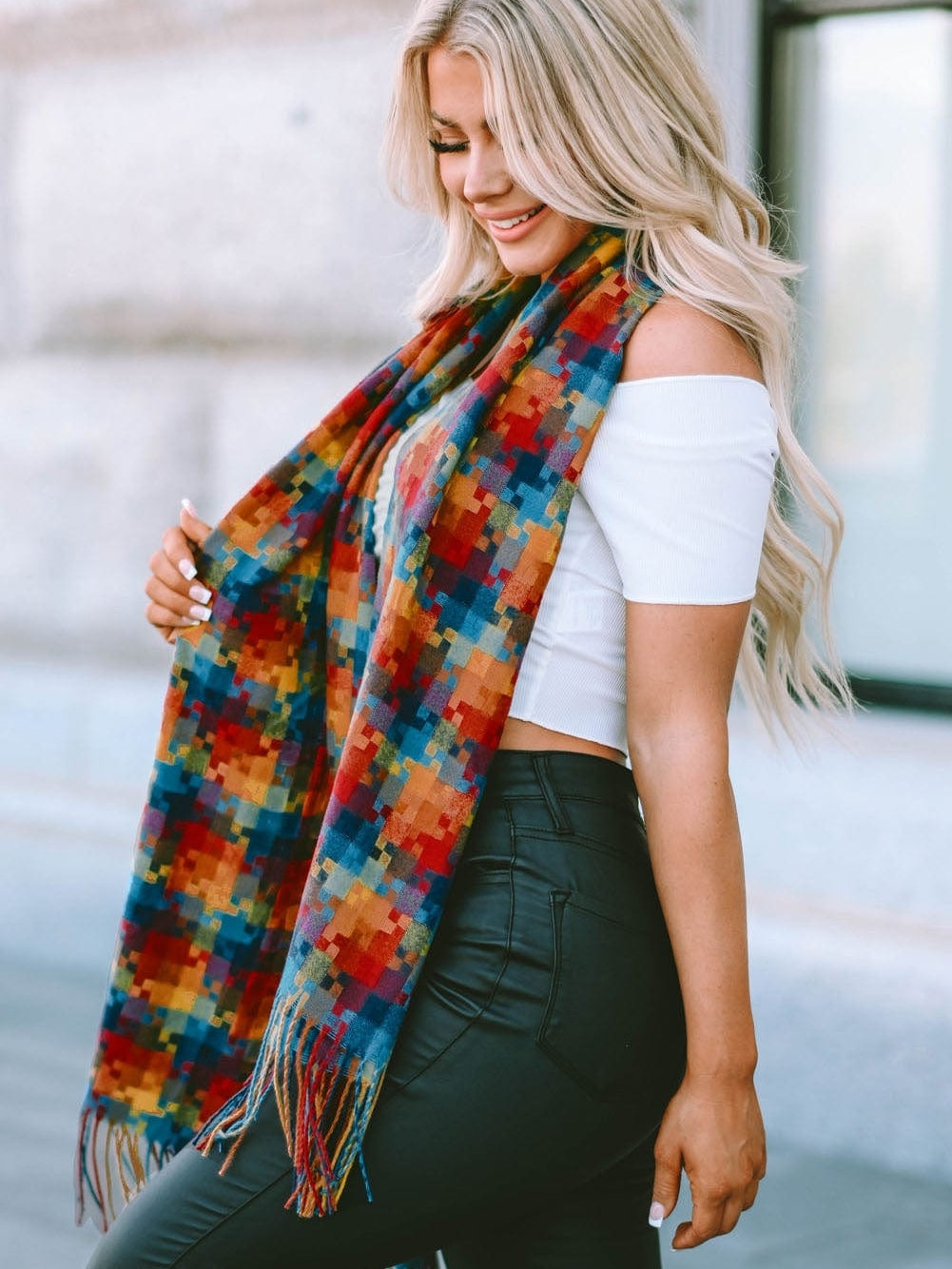 Orange Plaid Print Tasselled Oversized Scarf