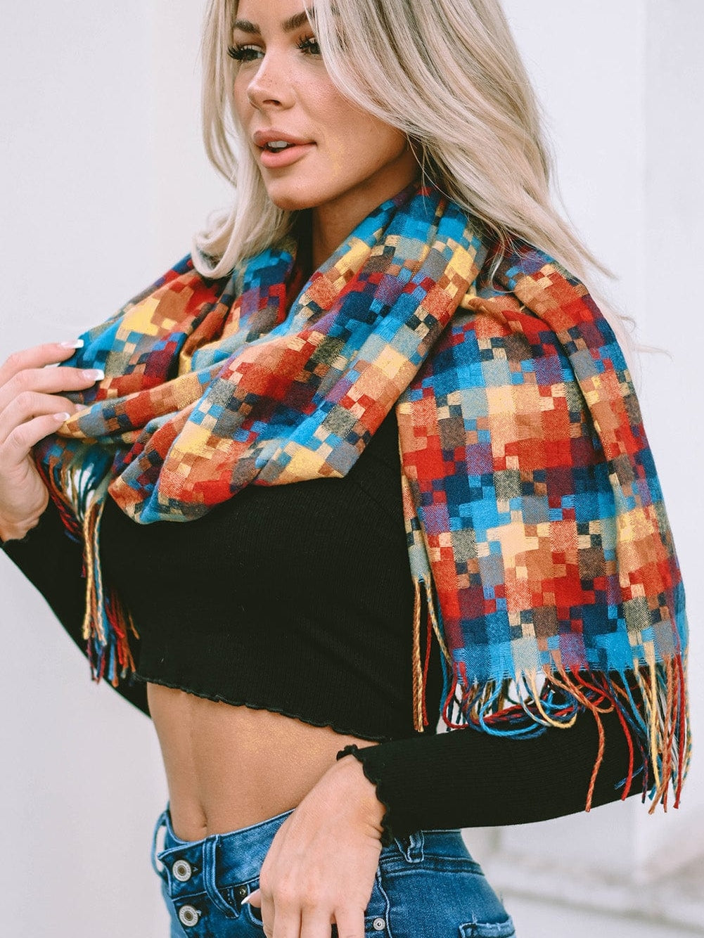 Orange Plaid Print Tasselled Oversized Scarf
