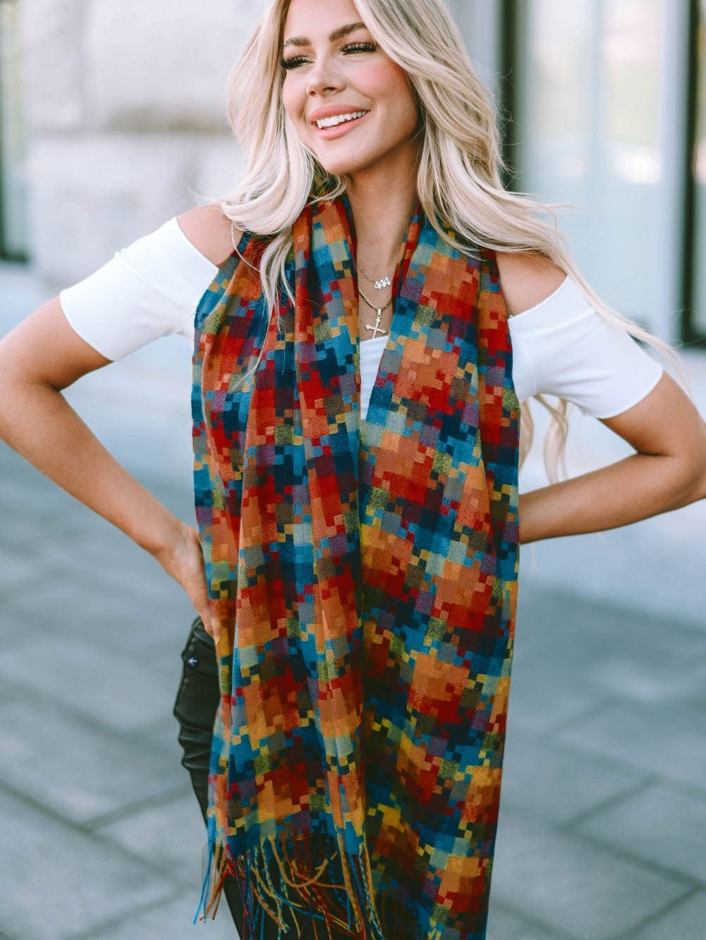 Orange Plaid Print Tasselled Oversized Scarf