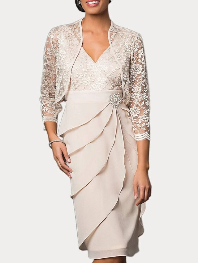 Two Piece Sheath / Column Mother of the Bride Dress Church Elegant V Neck Knee Length Chiffon Lace 3/4 Length Sleeve Wrap Included with Embroidery Cascading Ruffles 2023 - LuckyFash™