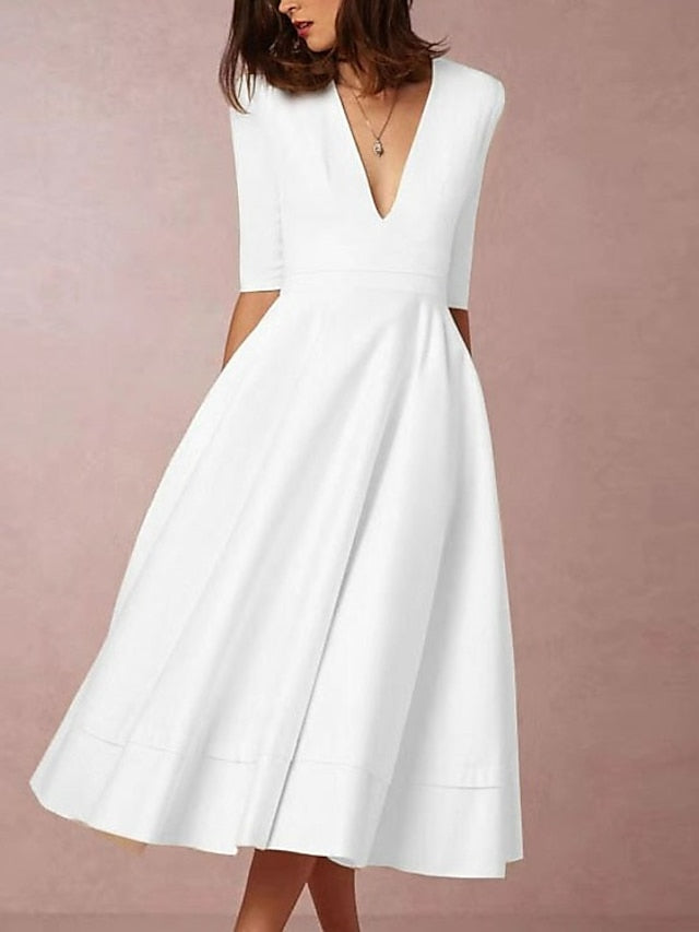 Women's Dress - Wedding Guest Dress A Line Dress Midi Dress Creamy-white Blue Pink Wine Black Red White Half Sleeve Solid Color Ruched Spring Summer V Neck Party Elegant Romantic Slim 2023 S M L XL XXL XXXL
