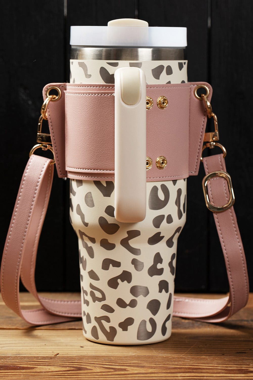 Pink Adjustable Straps Buttoned Leather Drink Carrier