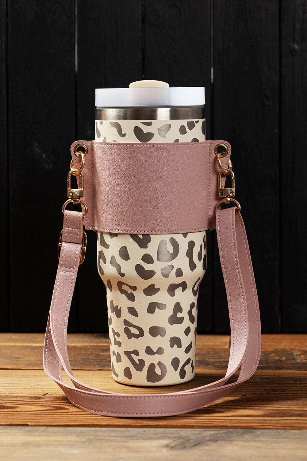Pink Adjustable Straps Buttoned Leather Drink Carrier