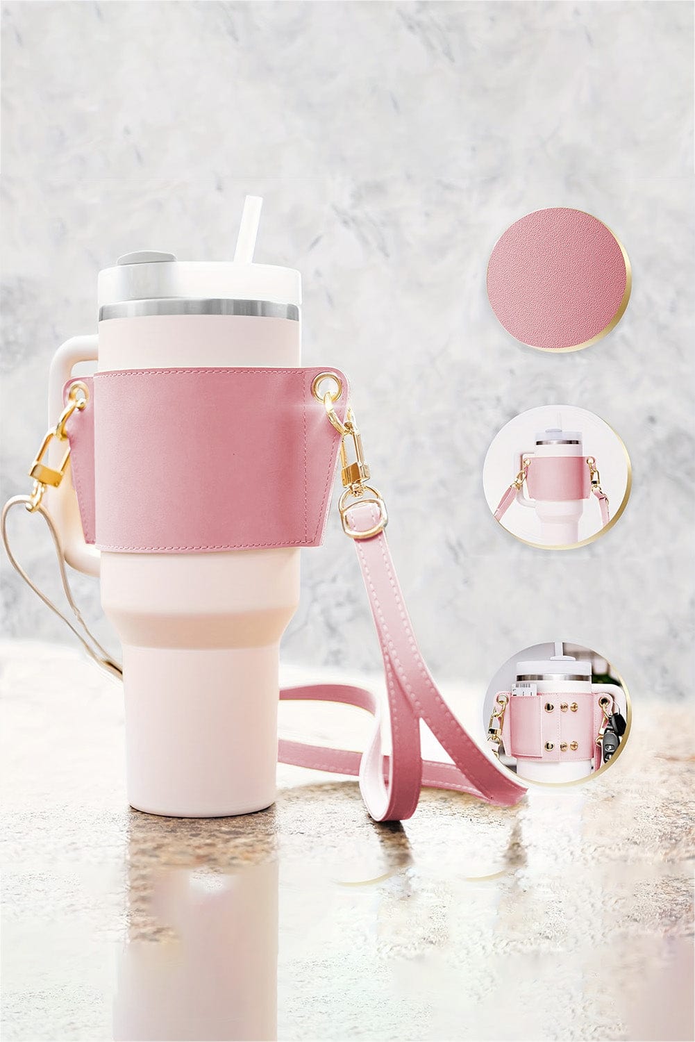 Pink Adjustable Straps Buttoned Leather Drink Carrier