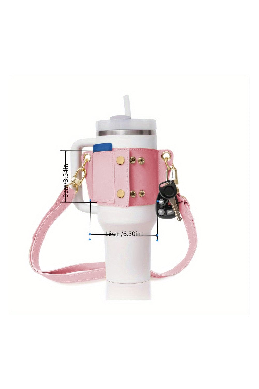 Pink Leather Drink Carrier with Adjustable Straps and Buttoned Closure