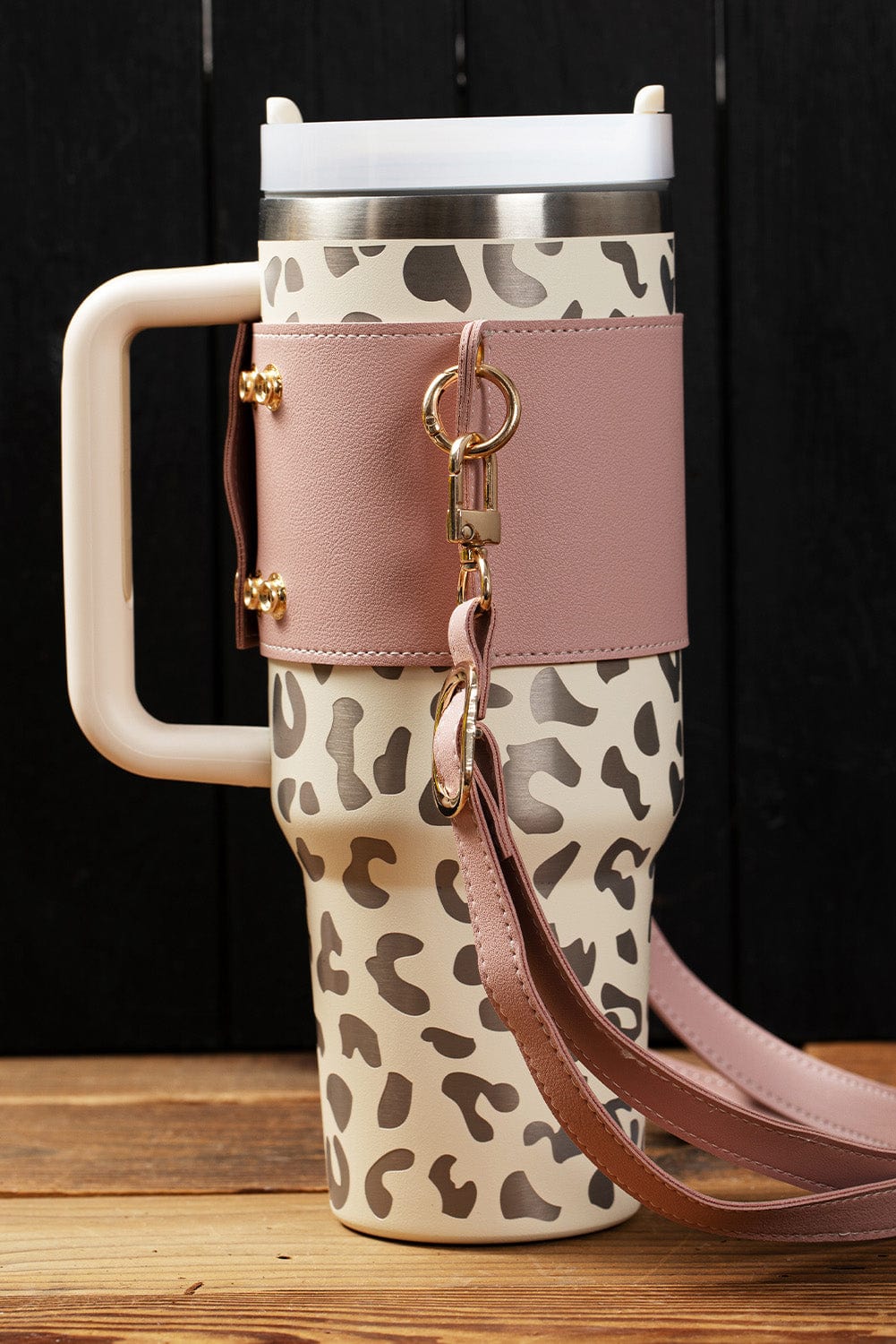 Pink Leather Drink Carrier with Adjustable Straps and Buttoned Closure