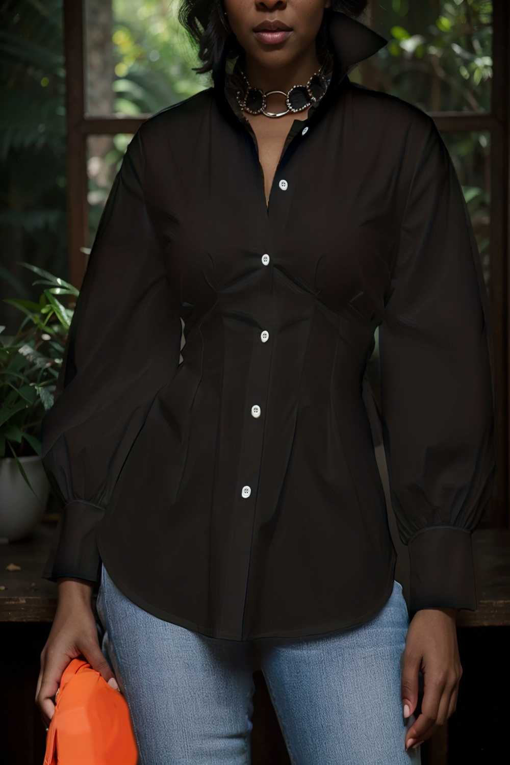 plus size casual blouse women s plus solid button up lantern sleeve turn down collar nipped waist blouse 110815