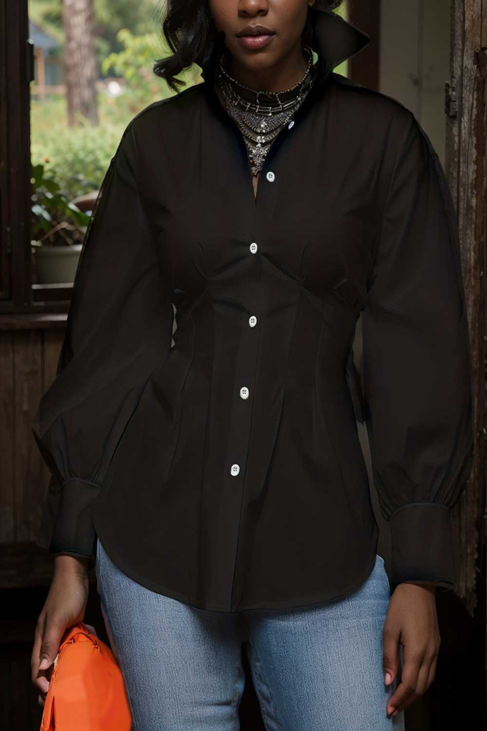 plus size casual blouse women s plus solid button up lantern sleeve turn down collar nipped waist blouse 110814