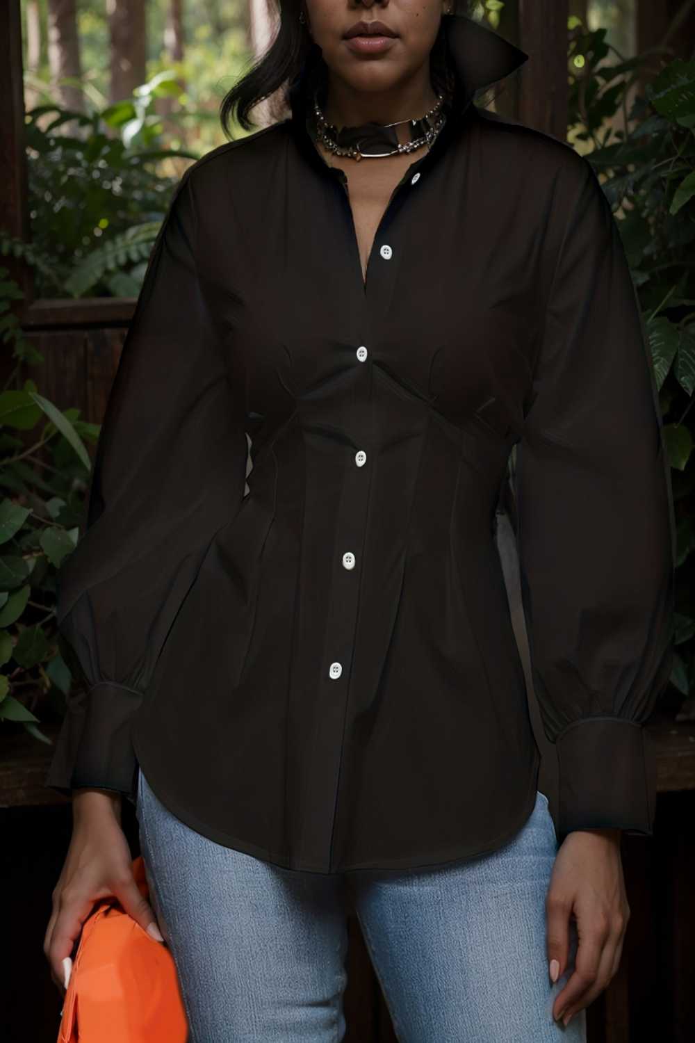 plus size casual blouse women s plus solid button up lantern sleeve turn down collar nipped waist blouse 111960