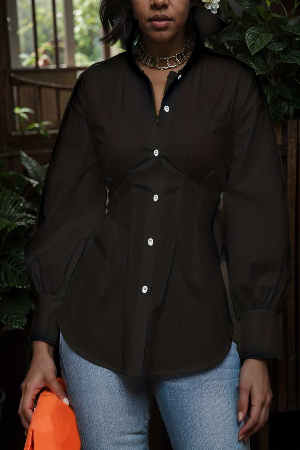 plus size casual blouse women s plus solid button up lantern sleeve turn down collar nipped waist blouse 111959