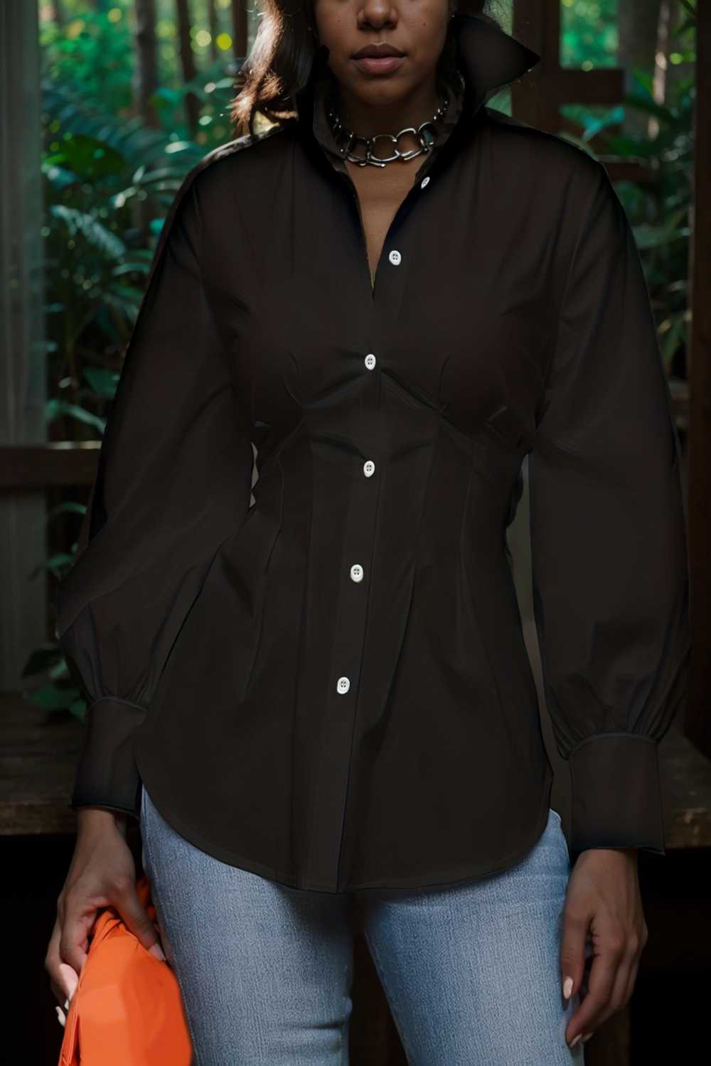plus size casual blouse women s plus solid button up lantern sleeve turn down collar nipped waist blouse 111954