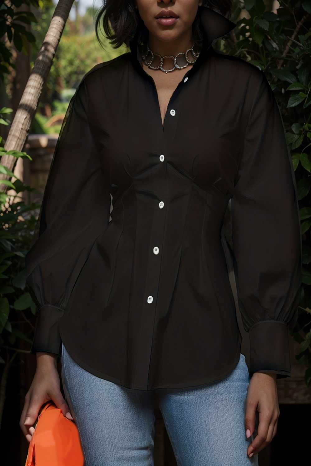 plus size casual blouse women s plus solid button up lantern sleeve turn down collar nipped waist blouse 106590
