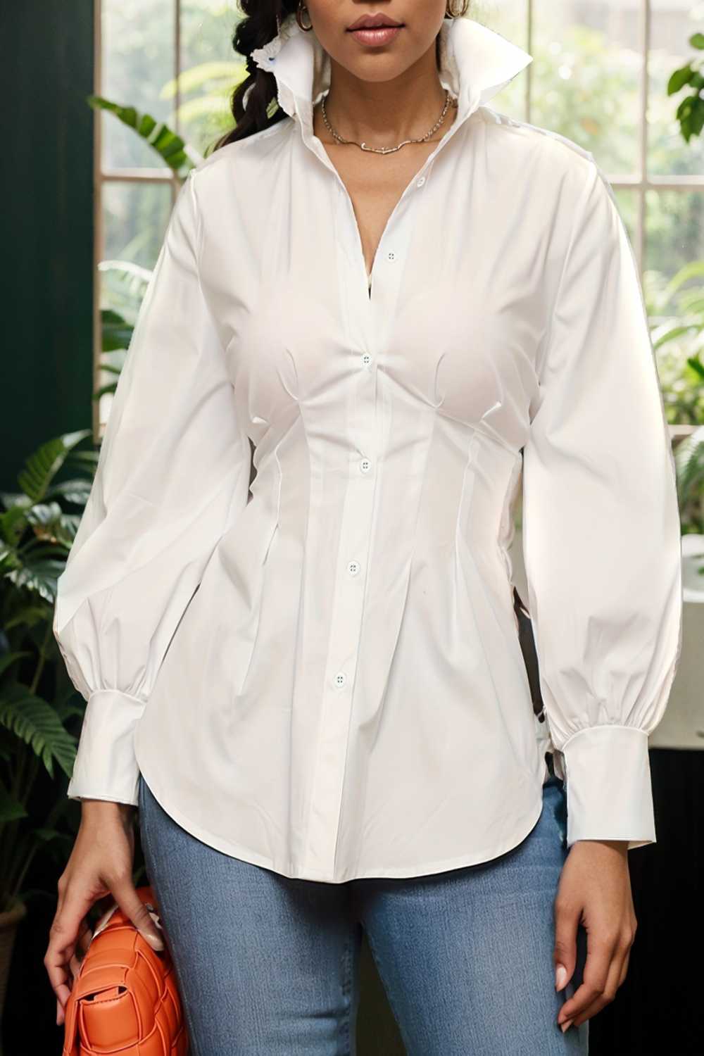 plus size casual blouse women s plus solid button up lantern sleeve turn down collar nipped waist blouse 106582