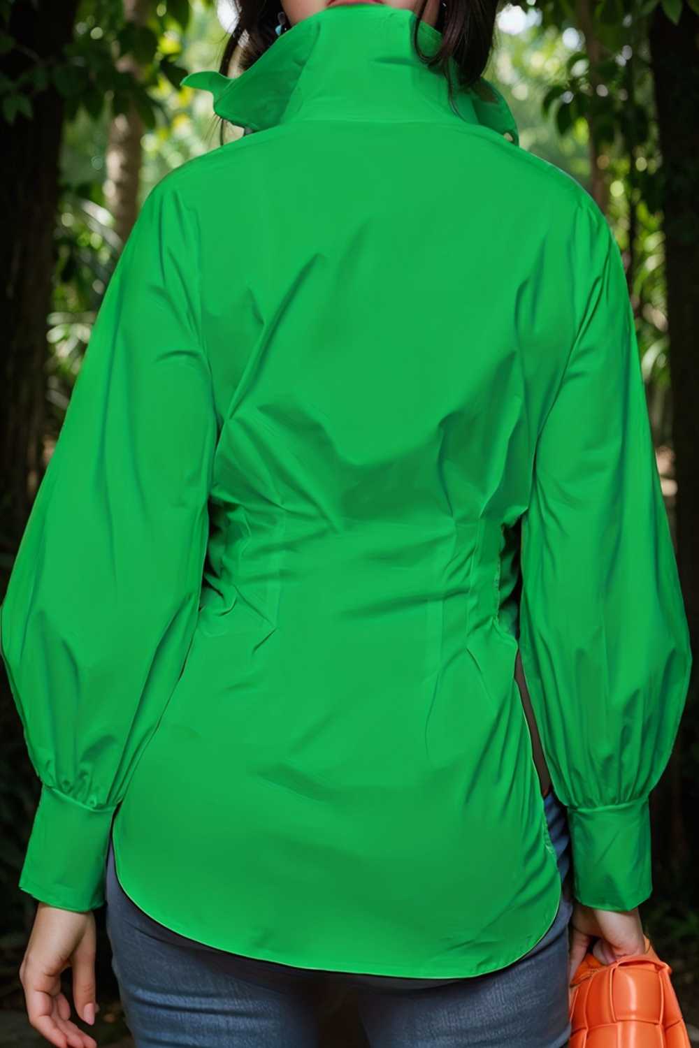 plus size casual blouse women s plus solid button up lantern sleeve turn down collar nipped waist blouse 110812
