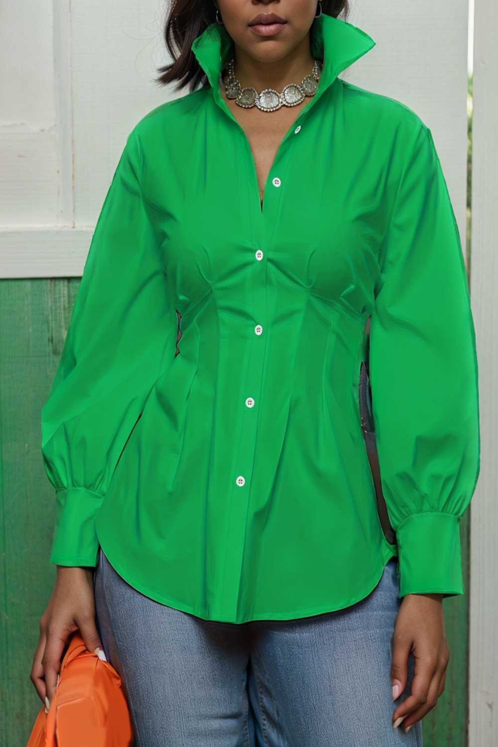 plus size casual blouse women s plus solid button up lantern sleeve turn down collar nipped waist blouse 112501