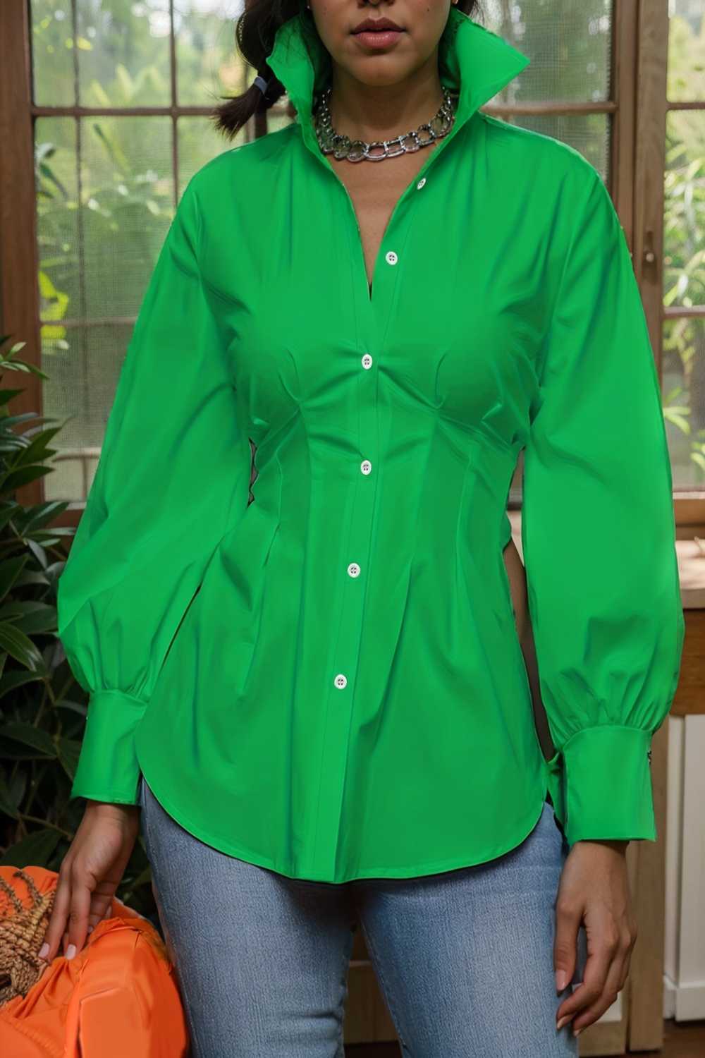 plus size casual blouse women s plus solid button up lantern sleeve turn down collar nipped waist blouse 111911