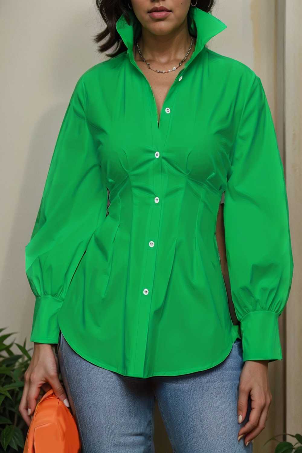 plus size casual blouse women s plus solid button up lantern sleeve turn down collar nipped waist blouse 111506