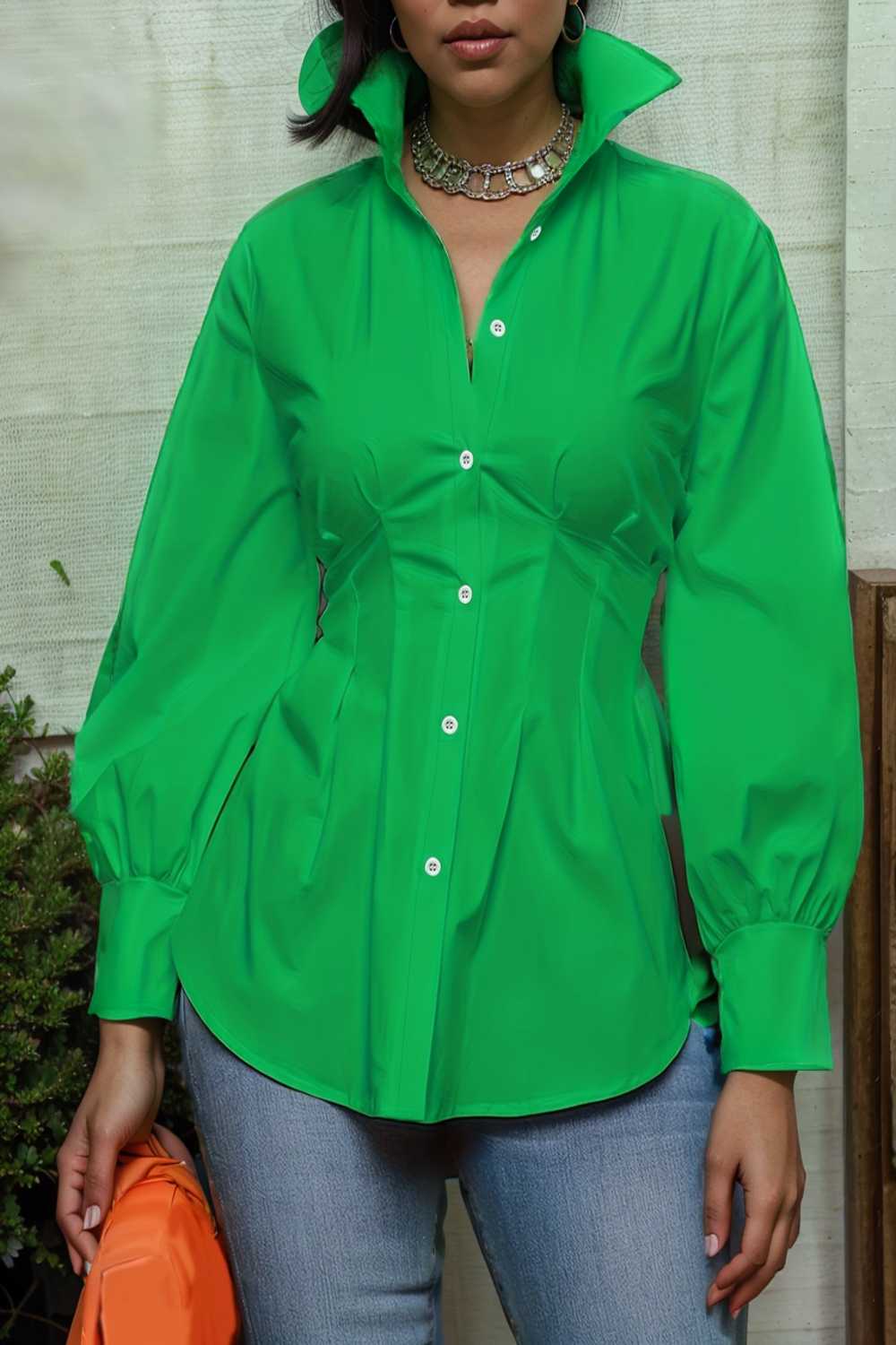 plus size casual blouse women s plus solid button up lantern sleeve turn down collar nipped waist blouse 112494