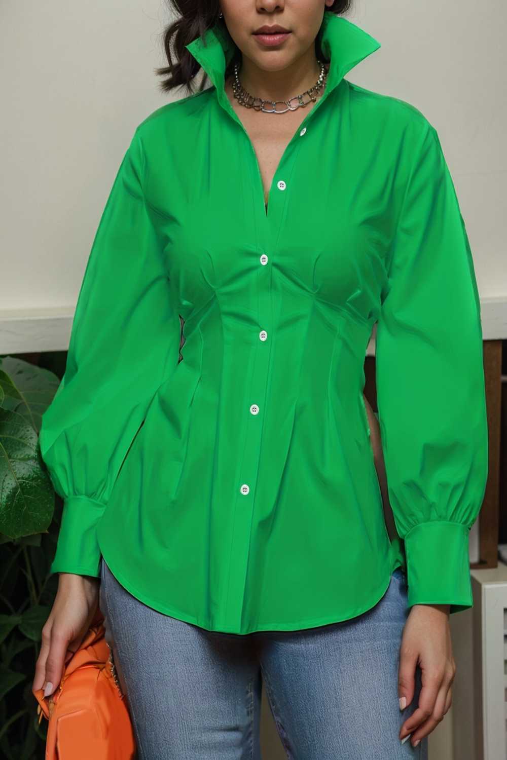plus size casual blouse women s plus solid button up lantern sleeve turn down collar nipped waist blouse 112490