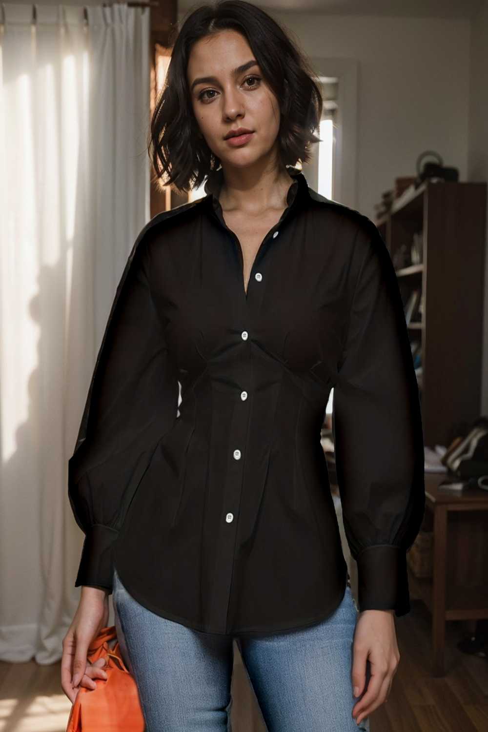 plus size casual blouse women s plus solid button up lantern sleeve turn down collar nipped waist blouse 111489