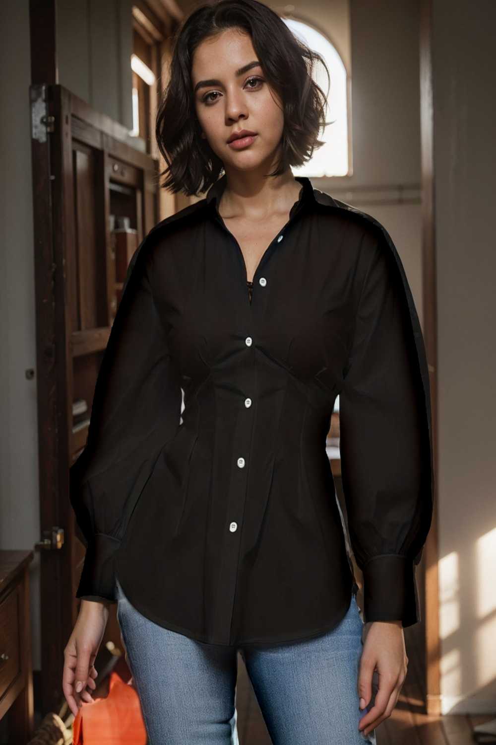 plus size casual blouse women s plus solid button up lantern sleeve turn down collar nipped waist blouse 108072