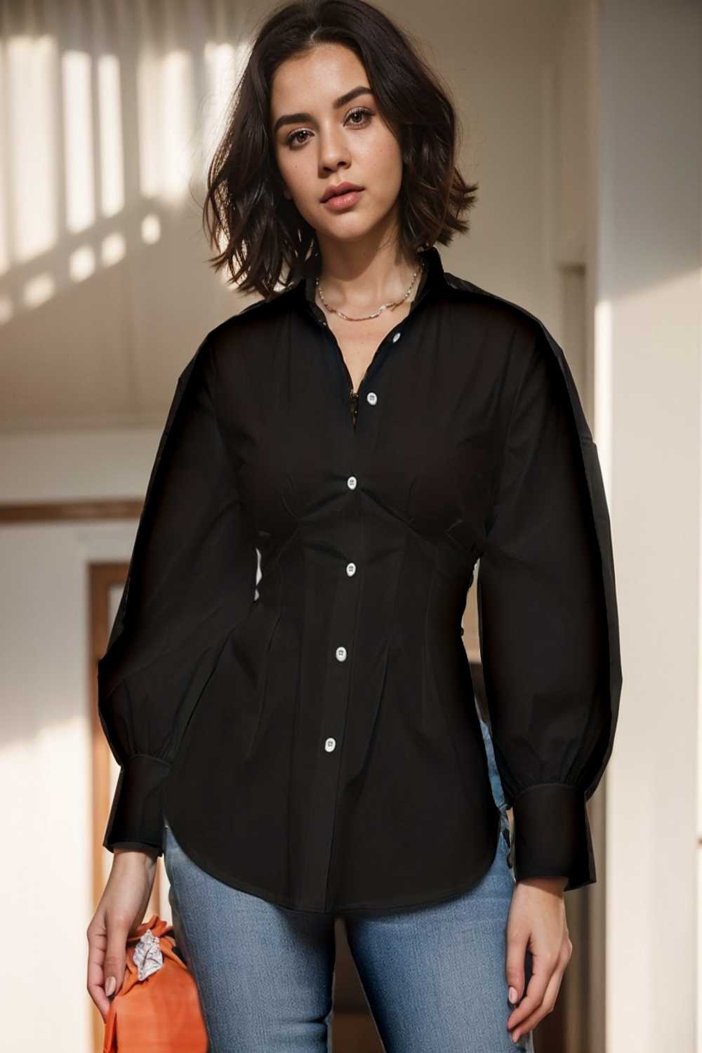 plus size casual blouse women s plus solid button up lantern sleeve turn down collar nipped waist blouse 112468