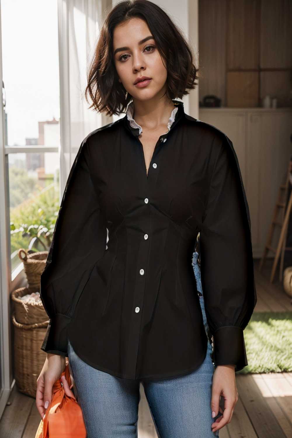 plus size casual blouse women s plus solid button up lantern sleeve turn down collar nipped waist blouse 112467
