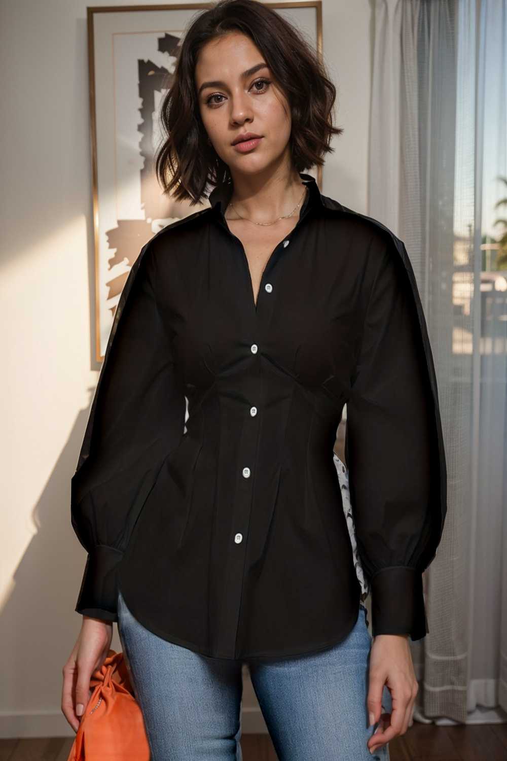 plus size casual blouse women s plus solid button up lantern sleeve turn down collar nipped waist blouse 111488